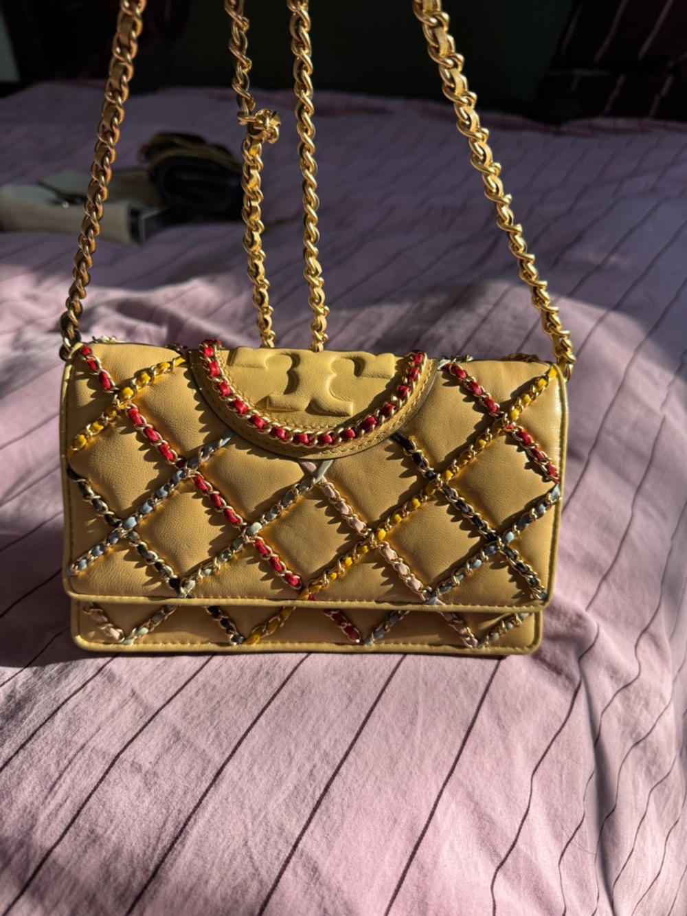 Tory Burch Yellow Quilted Crossbody with Multicolor Braided Detail